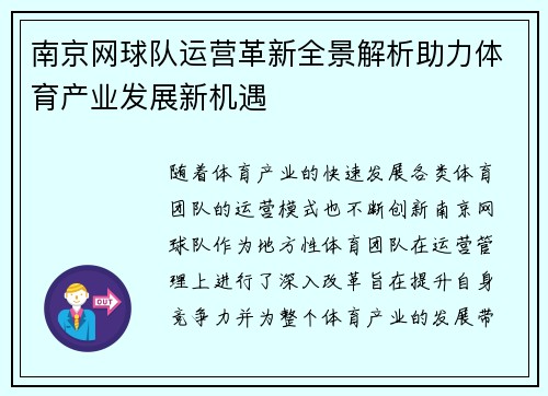 南京网球队运营革新全景解析助力体育产业发展新机遇